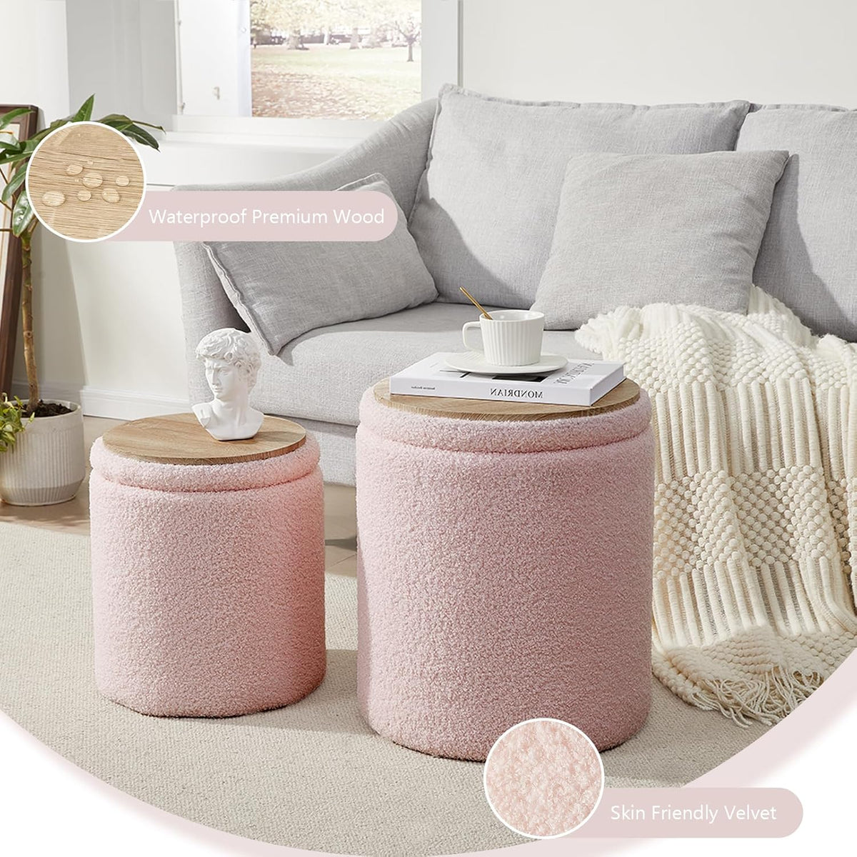 Boucle Round Ottoman with Storage Set of 2,Small Foot Stool Ottoman for Living Room, Small Coffee Table,Vanity Stool with Storage for Bedroom, Pink