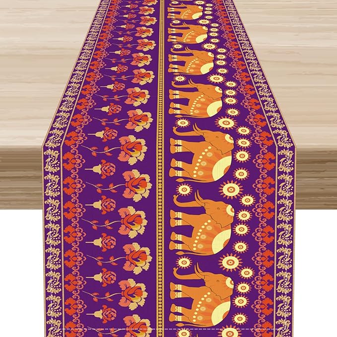 African Tribal Table Runner, Rustic Elephants Floral African Indian Diwali Art Print Purple Coffee Table Center Decor for Home Kitchen Holiday Party Farmhouse Outdoor Table Decorations, 13"x108"
