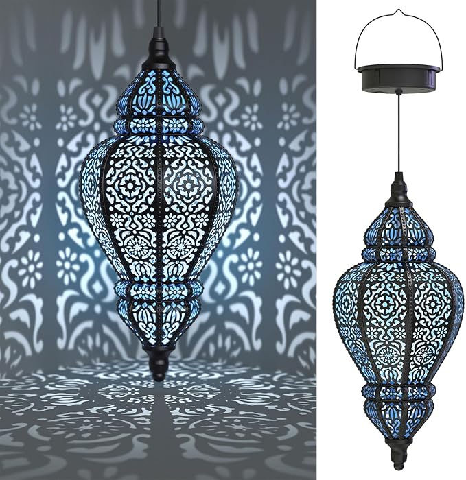 Moroccan Hanging Solar Lights Outdoor Lantern Bidirectional Availabili Garden Decor Waterproof Plastic Blue Decorations for Patio Pathway Yard Backyard Solar Powered Garden Decorative (Black, 1)