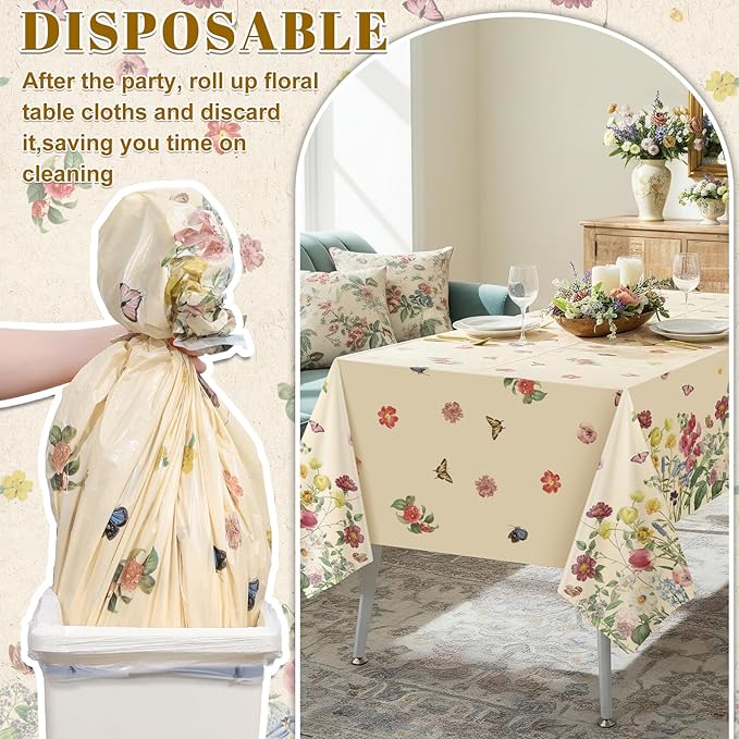 3 Pack Spring Floral Plastic Tablecloths, 54×108Inch Tea Party Tablecloth Rectangle Vintage Table Cloth Butterfly Wildflower Porcelain Table Decor for Garden Wedding Birthday Baby Bridal Shower