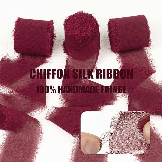 Burgundy Chiffon Ribbon - 1-1/2 Inch x 21 Yards Handmade Fringe Silk Ribbon for Boho Wedding, Gift Wrapping & Flower Bouquets