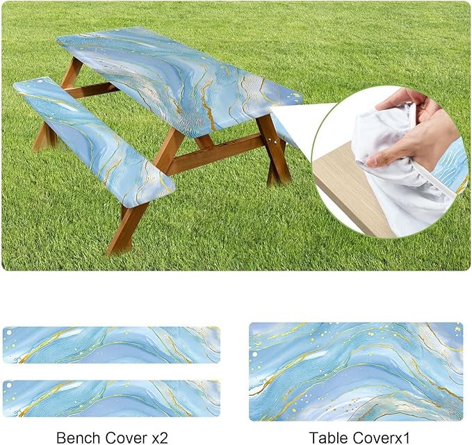 ANNA QUEEN 6FT Blue Marble Picnic Table Cover with Bench Covers Picnic Table Cover Set 3PCS 72"x30", Outdoor Bench and Tablecloth Furniture Protection