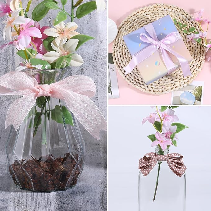 BEEFLYING 3 Styles Pink Wire Edged Ribbons for Gift Wrapping Decoration 25~28mm×2.7m Stripe Ribbons Satin Ribbons for Wedding Party Decoration Hair Bows Flower Designs Sewing and Craft, 9 Yards