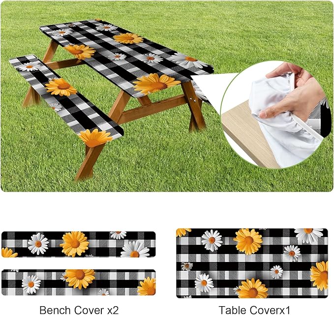 ANNA QUEEN 6FT Sunflower Picnic Table Cover Set 3PCS 72"x30", Waterproof Outdoor Bench and Tablecloth Furniture Protection for Camping Beach BBQ Patio Backyard (Small Flowers)