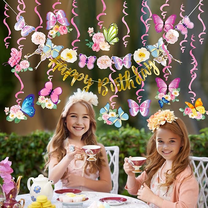 SUNBEAUTY 22PCS Butterfly Birthday Party Decorations Pre-strung Birthday Banner Garland for Women & Girls Colorful Butterfly Hanging Swirls Decorations Summer Themed Ceiling Decor for Kids Bday party