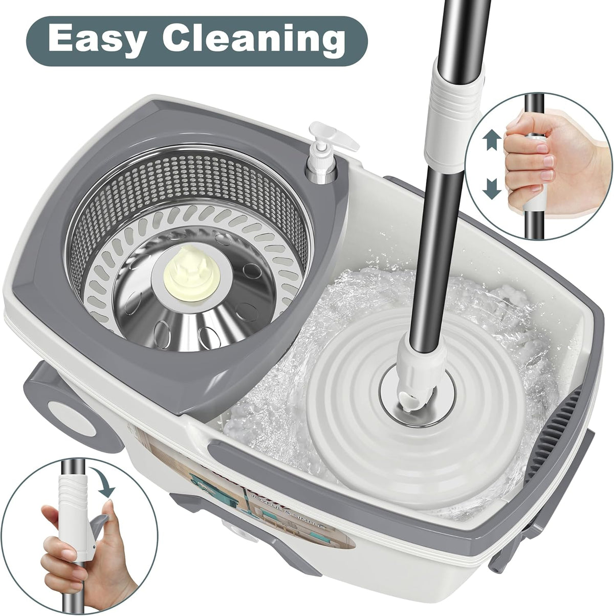 Mop and Bucket with Wringer Set,Spin Mop and Bucket System, Mops for Floor Cleaning,Household Supplies Tools with 6 Replacement Refills,61" Extended Handle for Household Hardwood Floor - White