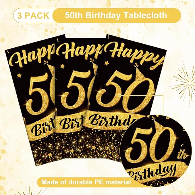 NatNarr 3 Pack 50th Birthday Plastic Tablecloth, 54x108 Inch Black Gold Disposable Rectangle Table Cover Waterproof Table Cloth for Birthday 50 Anniversary Party Supplies