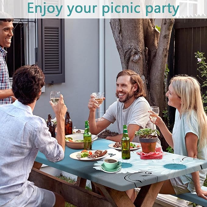 Picnic Table Cover with Bench Covers and Bag, Daisy Outdoor Waterproof Windproof Tablecloth with Elastic Edges. Camping Accessories RV Gear Campers Must Have 60x30 Inches 3 Pcs Set (Teal)
