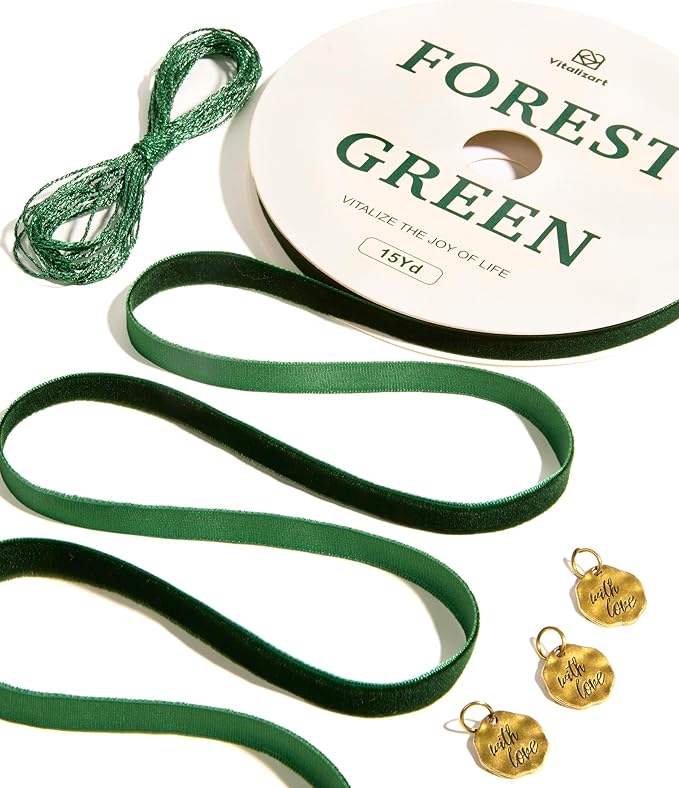 Vitalizart Green Velvet Ribbon 3/8" Continuous Fabric Trim Thin Dark Forest Green Ribbon 15Yd for Gift Wrapping, Tree Ornaments, Vintage Christmas Paper, Crafts, Bows, Holiday Decor with Gift Twine