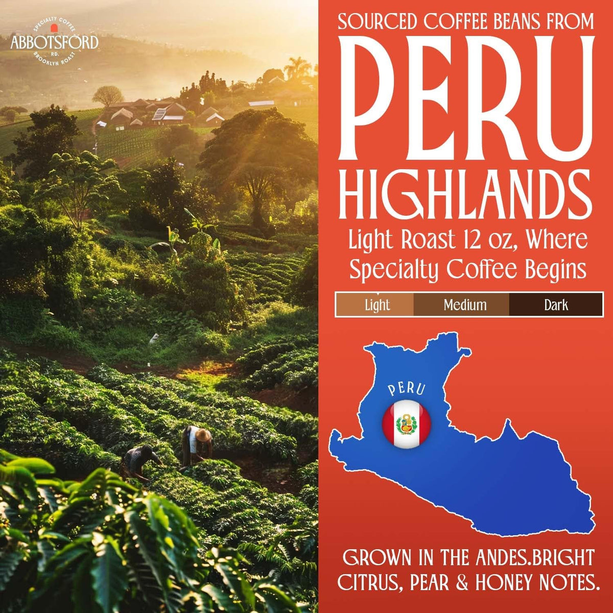 Peru Highlands Ground Coffee, Single Origin Ground Coffee Light Roast with Bright Citrus, Pear, and Honey Floral Finish, Specialty Coffee12 oz Bag