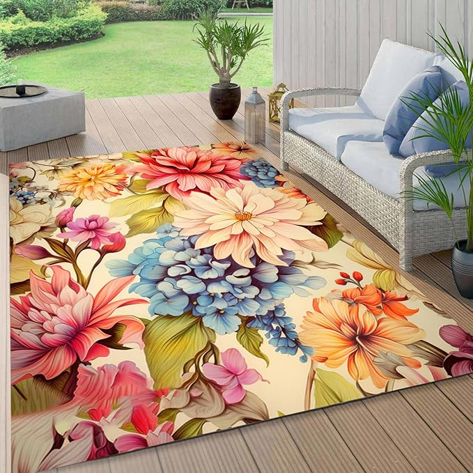 Easy Clean Floral Outdoor Rug 3x5 Yellow Pink Machine Washable Area Rugs for Patio Balcony Camping Pool Garden Non Slip Waterproof Outside Carpet Vibrant Low Pile Porch Mat