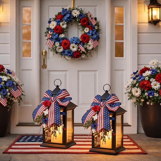 4th of July Lanterns Decorative Indoor & Outdoor, 14 Inch Black Lanterns with Timer LED Candle, Hanging Patriotic Lantern Decor for Home, Table, Porch, Patio, 2 Pack