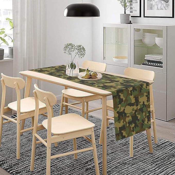 Camo Table Runner, Military Camouflage Coast Guard Force Soldier Hunting Themed Table Runner for Holiday Birthday Party Home Kitchen 13x70in