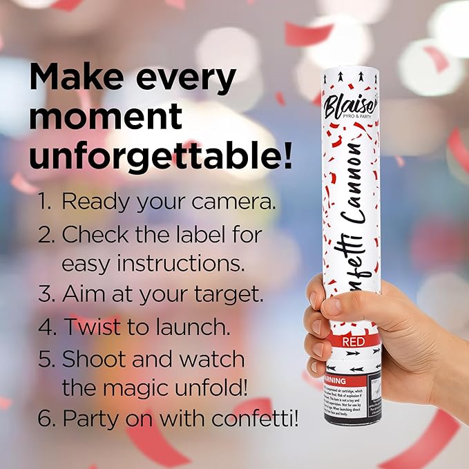 Blaise Pyro & Party Red Confetti Poppers - Easy to Use Paper Confetti Poppers for Weddings, Birthdays, Anniversaries & More - Colorful Confetti Cannon for Memorable Photos - 6 Pack, 12 Inch