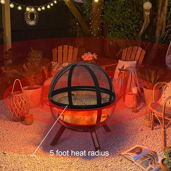 Ikuby Ball of Fire Pit fire Ball with BBQ Grill fire Globe Pit Large Round fire Pit,Patio Fire Pit Fireplace for Camping, Heating, Bonfire and Picnic, Black, 33.85*32.67*35in, (BLKFP-001)