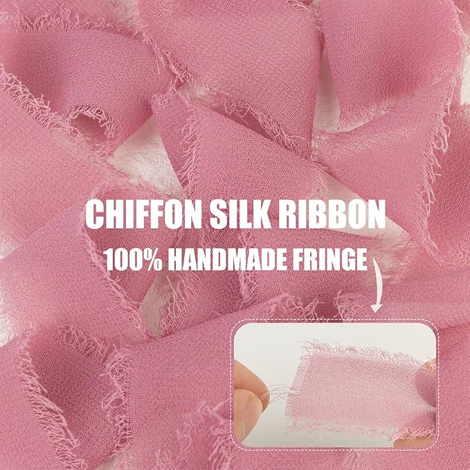 Rosy Mauve Chiffon Ribbon - 1 Inch x 21 Yards, Handmade Fringe, Silk, Boho Frayed, Gift Wrapping, Wedding Invitation, Bridal Flower Bouquets