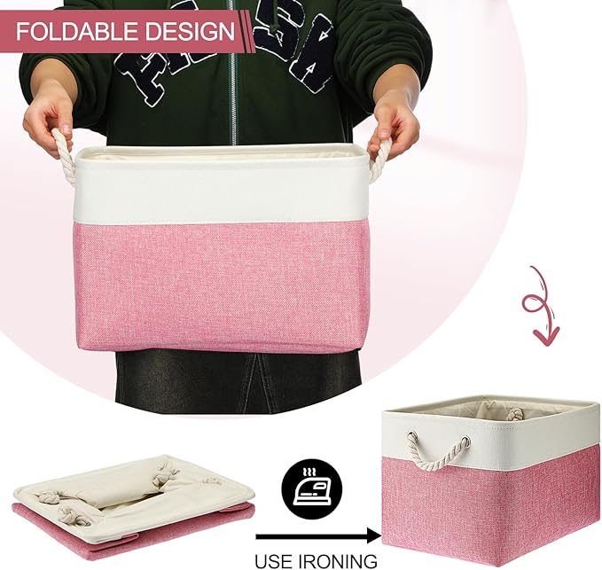 meekoo 8 Pack Collapsible Storage Bins Fabric Storage Bins Polyester Fabric Baskets with Handles Linen Closet Organizer for Shelf Home Closet Towels Toys(15 x 11 x 9.5 in,Pink White)