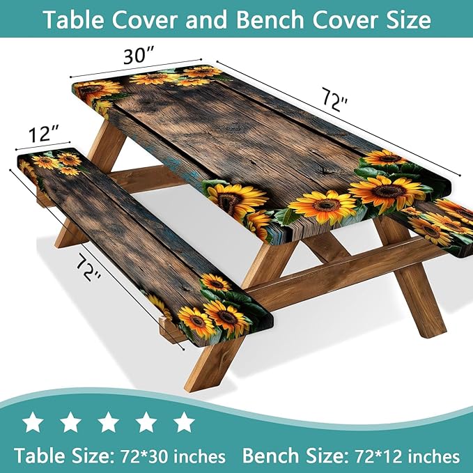 Picnic Table Cover with Bench Covers Wood Sunflower Flowers Wooden Floral Waterproof Windproof Fitted Outdoor Tablecloth with Elastic Rectangle Table Cloth Camping Accessories,72x30 Inch