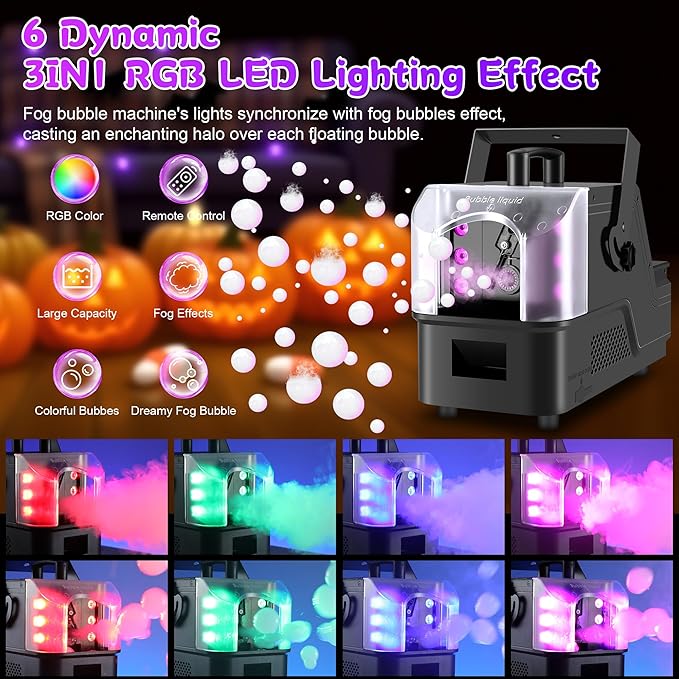 Fog Bubble Machine,900W 3IN1 Smoke Bubble Machine Maker with 6 Dynamic RGB LED Lighting Effect Remote&LED Display Control for Halloween Indoor&Outdoor Parties Birthday Wedding Show Stage