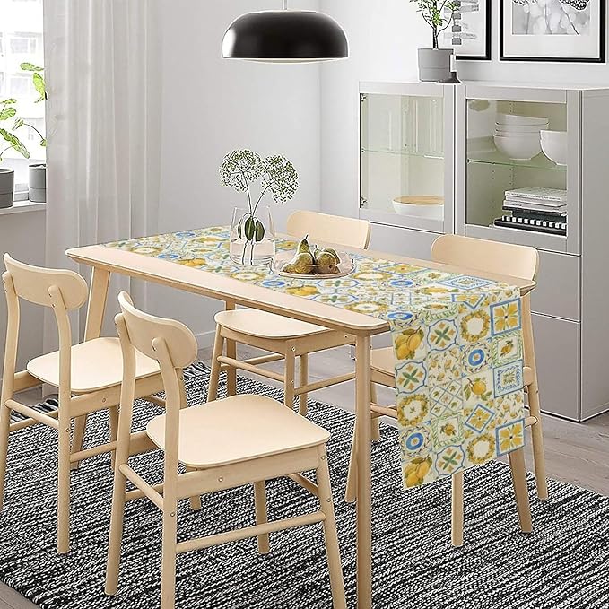 Yellow Lemon Summer Table Runner, Watercolor Spring Yellow and Blue Flower Hawaiian Style Table Runner for Holiday Party Home Kitchen Dining Table, 13x36inch