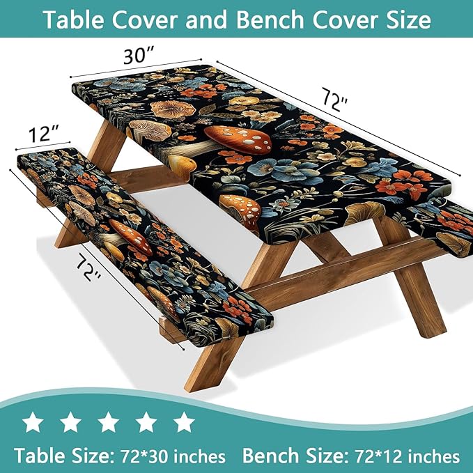 Picnic Table Cover with Bench Covers and Bag, Summer Outdoor Waterproof Windproof Tablecloth with Elastic Edges, Camping Accessories RV Gear Campers 3 Pcs Set, Black Mushroom 30X96inch