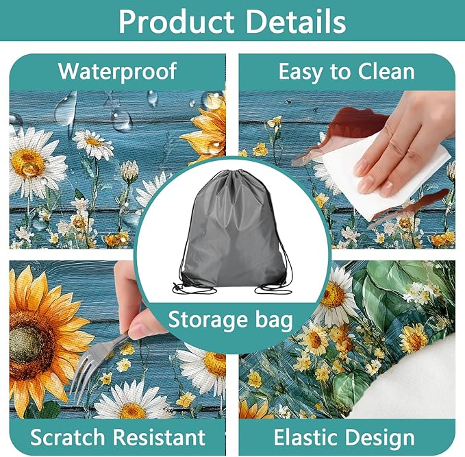Picnic Table Cover with Bench Covers, Waterproof Elastic Fitted Tablecloths for 6 Foot Rectangle Tables, Outdoor Washable Sunflower Wooden Tablecloth for Camping 30X60in