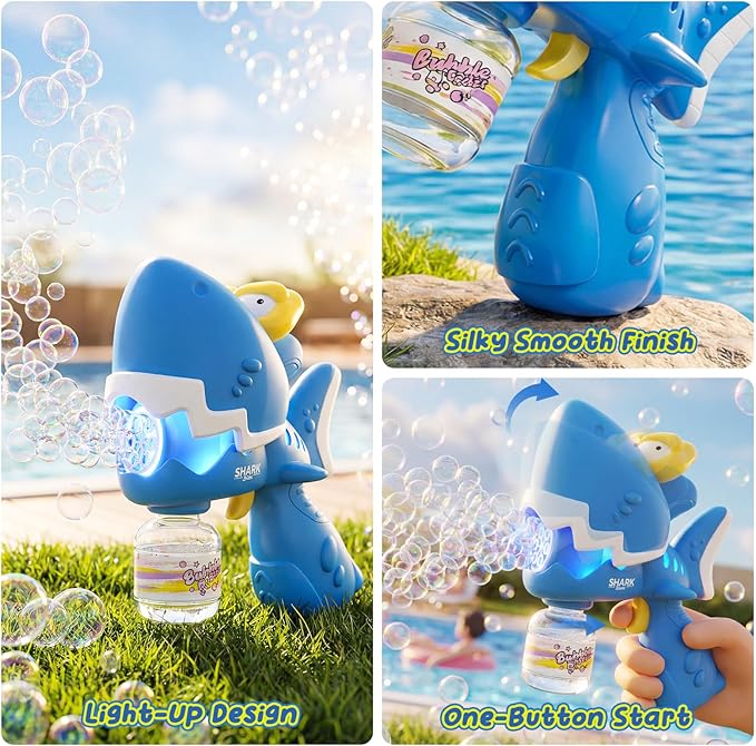 Bubble Guns for Toddlers 1-3, 2 Pack Movable Mouth Dino & Shark Bubble Machine Toys, Chomping Action Automatic Bubble Blaster w/LED Lights & 10 Refills, Rechargeable Outdoor Party Gifts for Ages 3-8