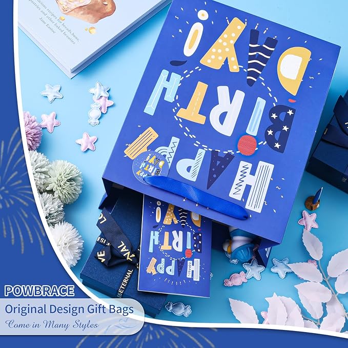 Powbrace 13" Blue Happy Birthday Bag with Tissue Paper and Greeting Card for Party,Happy Birthday Gift Bag for Boys, Girls, Kids, Men Women,Gift Bags Medium size (1 PCS Blue, Gift Bag)