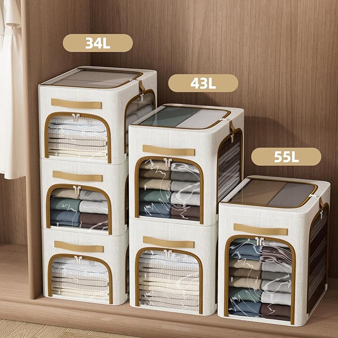 CYhom Clothes Storage Bins with Metal Frame,3 See-Through Windows Openings Clothing Storage Bin,3 Pack Foldable Storage Bins Boxes for Closet (White, 43L-16.5 x 12.6 x 12.6IN)
