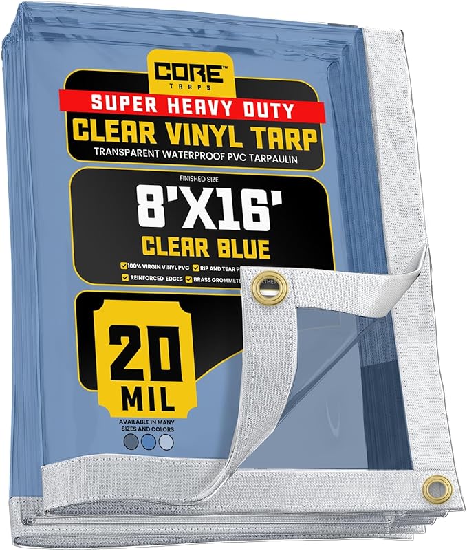 Core Tarps 20 Mil Extreme Heavy Duty Clear Tarp with Gromments - 8x16ft Super Clear Tarps Heavy Duty Waterproof Vinyl Tarpaulin, Transparent Tarp for Outdoor, Camping & Construction, Clear Blue