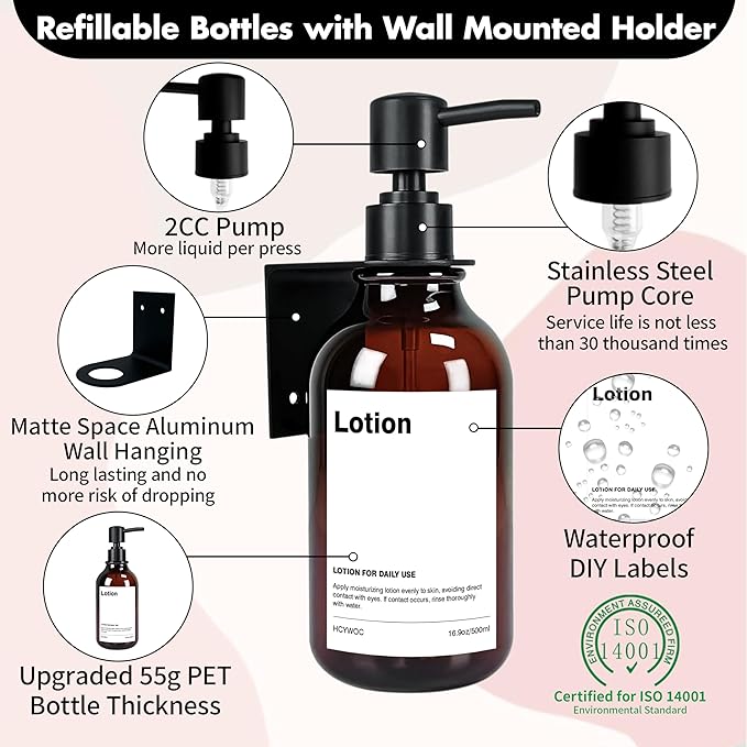 Shampoo Dispenser for Shower Wall, Shampoo and Conditioner Dispenser with 16 Waterproof Labels, Shower Dispenser 3 Chamber No Drill, Shower Soap Dispenser Wall Mounted for Bathroom, 17oz, Amber