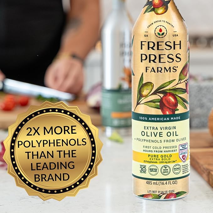 Fresh Press Farms Cold Pressed High Polyphenol Pure Gold Extra Virgin Olive Oil, 16.4 Fl Oz (Pack of 2), Georgia Grown, 100% American Made, Unrefined