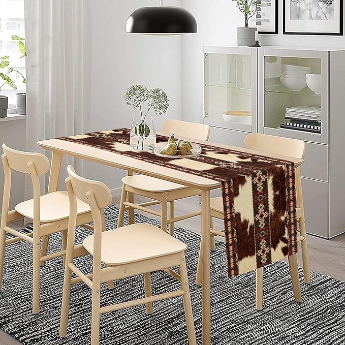 Cowhide Table Runner, Brown Cow Western Exotic Aztec Wild Animals Skin Table Runner for Kitchen Farmhouse Dining Home Outdoor Party 13x36in