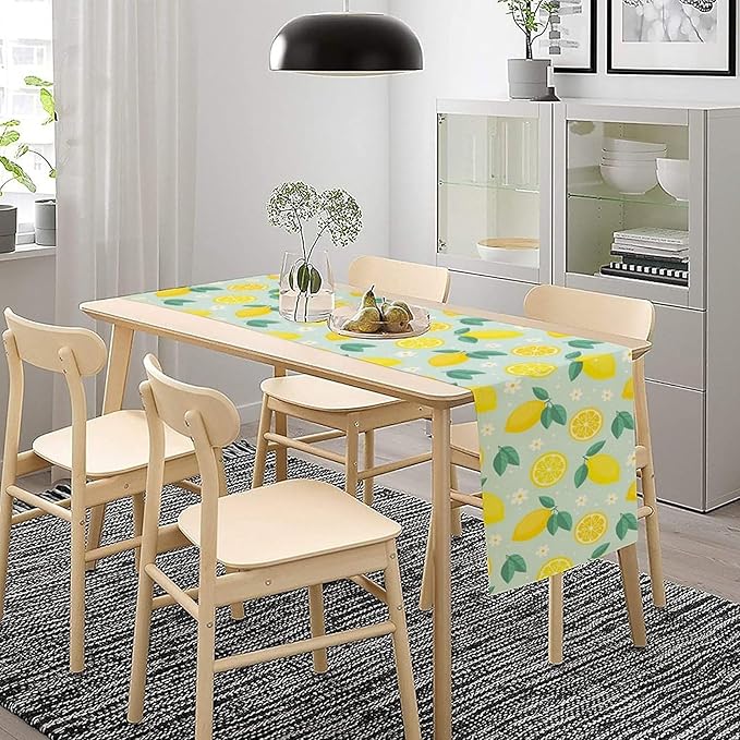 Spring Lemon Table Runner, Summer Seasonal Green Leaves Flowers Yellow Fruit Print Table Runner for Farmhouse Kitchen Dining Table Home Party Decor 13x90in