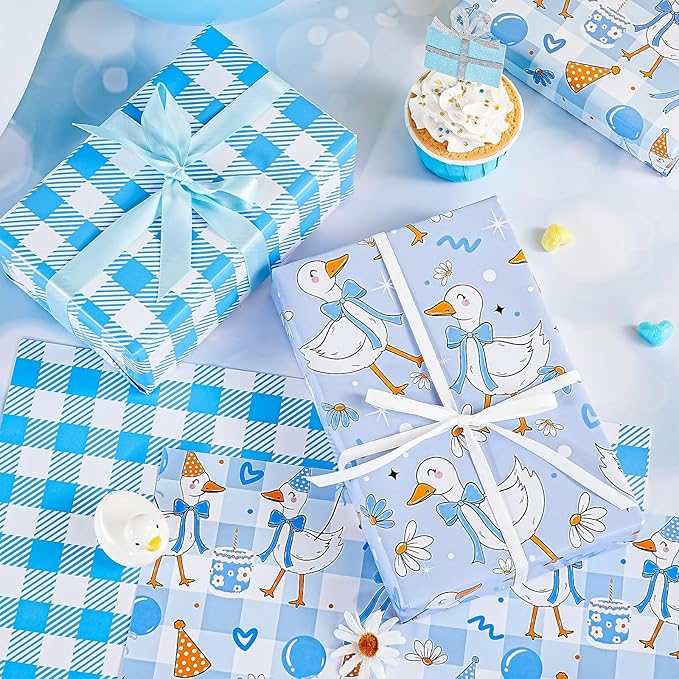 WRAPAHOLIC Silly Gooses Birthday Wrapping Paper Sheet - 8 Sheets Blue Party Goose Wrapping Paper Folded Flat for Boys Birthday, Baby Shower - 19.7 Inch x 27.5 Inch Per Sheet