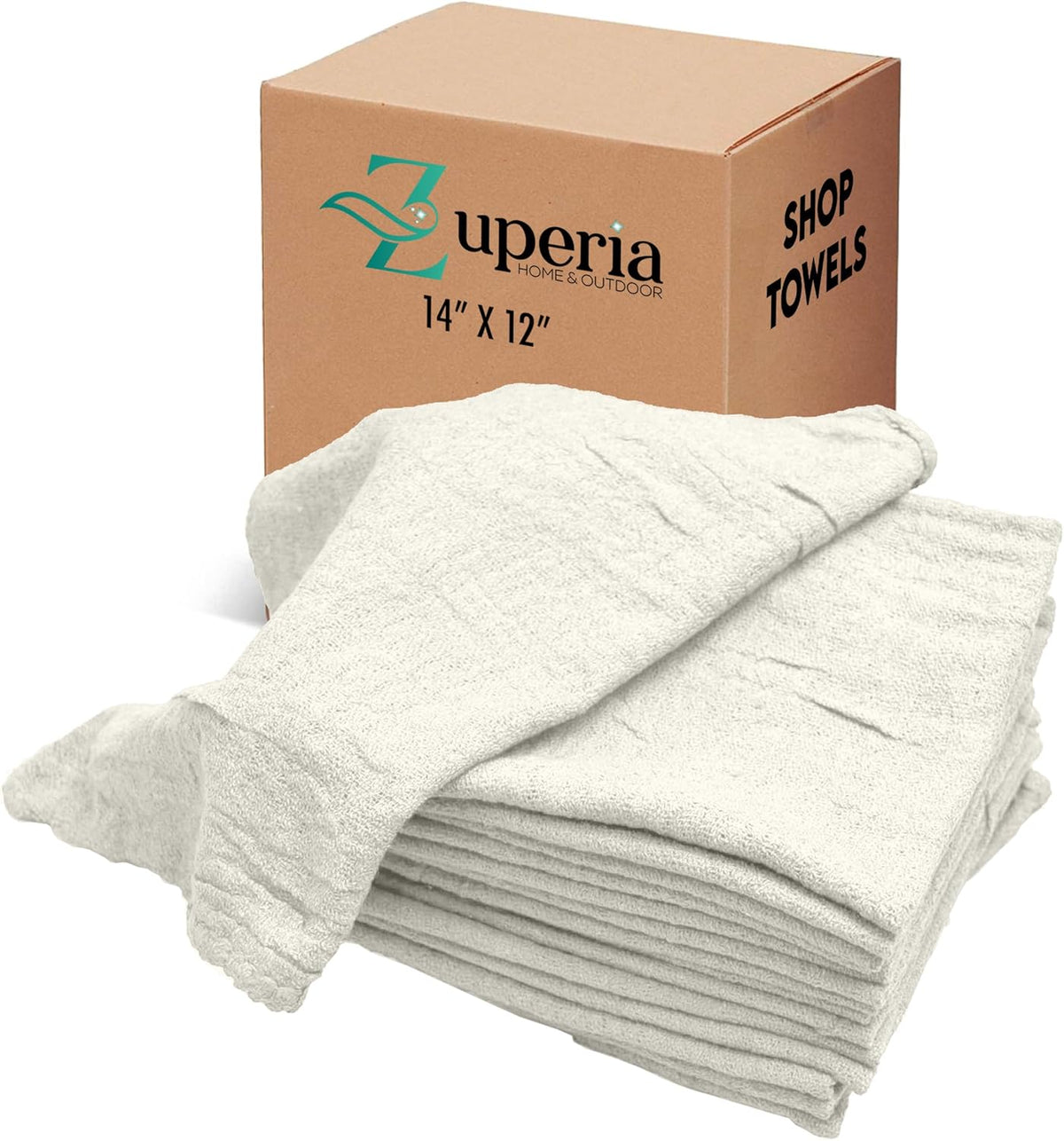 ZUPERIA Cotton Shop Towel – Multipurpose Cleaning Cloths (14" x 12" - Pack of 300 - White) Reusable Shop Rags for Automobiles, Industrial, Restaurants, Garage, and Homes