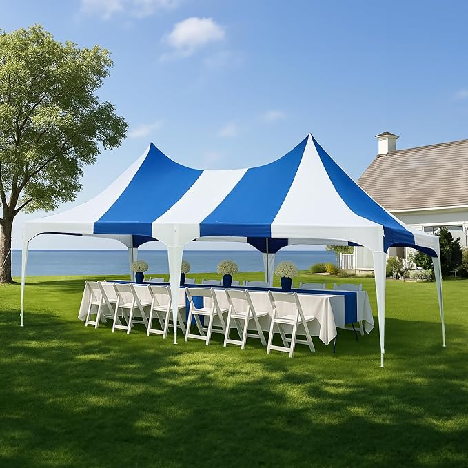 EROMMY 13x26ft Party Tent, White Wedding Heavy Duty Double Peaked Canopy Tent with Pole-Less Event Space, 60 Person Capacity Outdoor Gazebo Pavilion Shelter for Party, Event, White & Blue