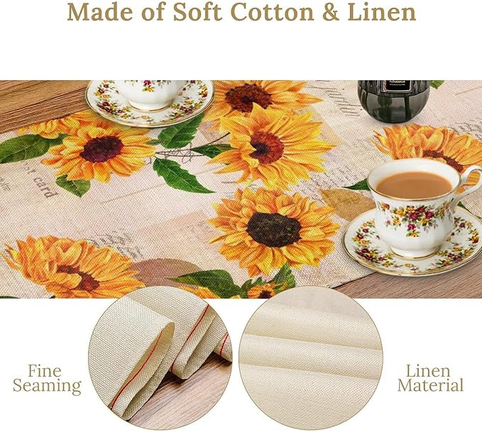 Sunflower Table Runner, Rustic Old Paper Seasonal Table Runner Farmhouse Kitchen Home Party Dining Room 13x36in