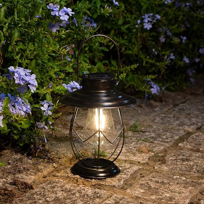 2 Pack Solar Lanterns Outdoor Hanging Solar Lights Decoration with Waterproof Warm Light Bulb for Patio Garden Pathway Yard Table Decor