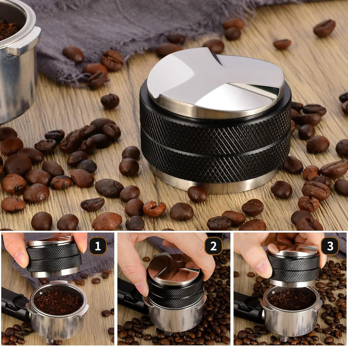 51mm Espresso Tamper, Coffee Distributor Adjustable Height, Coffee Leveler Fits with Two-in-one Double-head and Flat-bottom Three Leaf for Macaroons