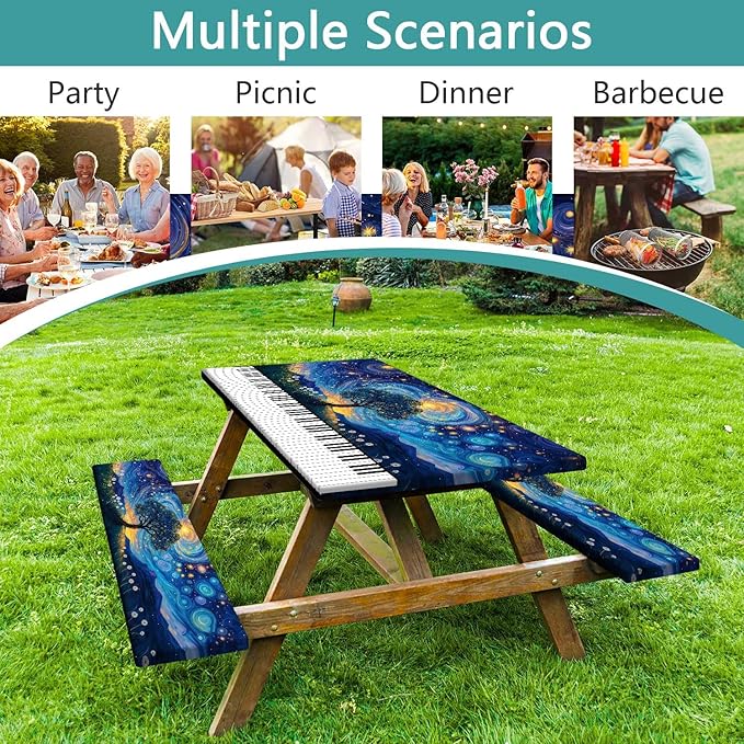 Piano Keyboard Picnic Table Cover with Bench Covers, Camping Essentials, Whirlpool Star Tree Flower Waterproof Windproof, Fitted Tablecloth Cover with Elastic Edge for Outdoor Garden 3 PCS 30x96 Inch