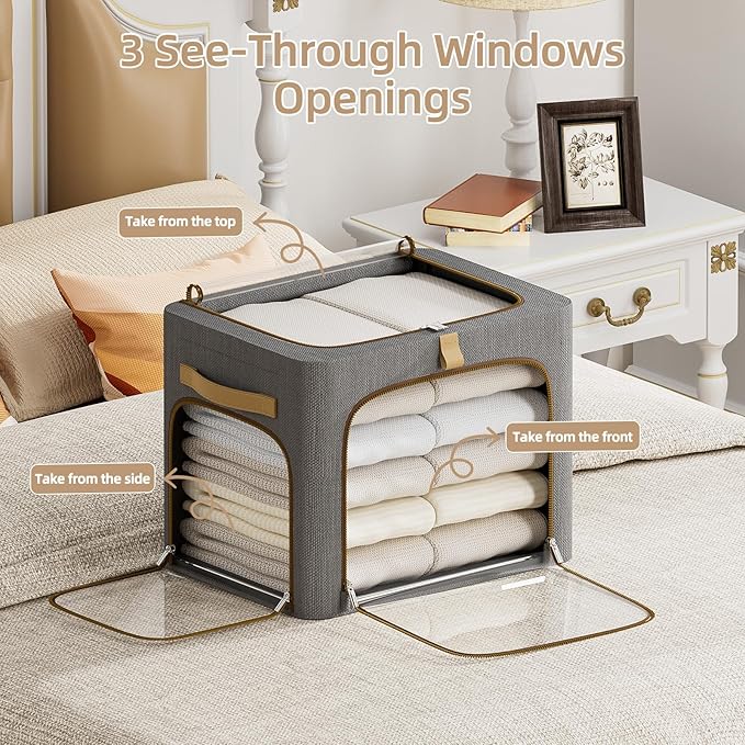 CYhom Clothes Storage Bins with Metal Frame,3 See-Through Windows Openings Clothing Storage Bin,3 Pack Foldable Storage Bins Boxes for Closet (Dark Grey, 55L-16.5 x 12.6 x 16.1IN)