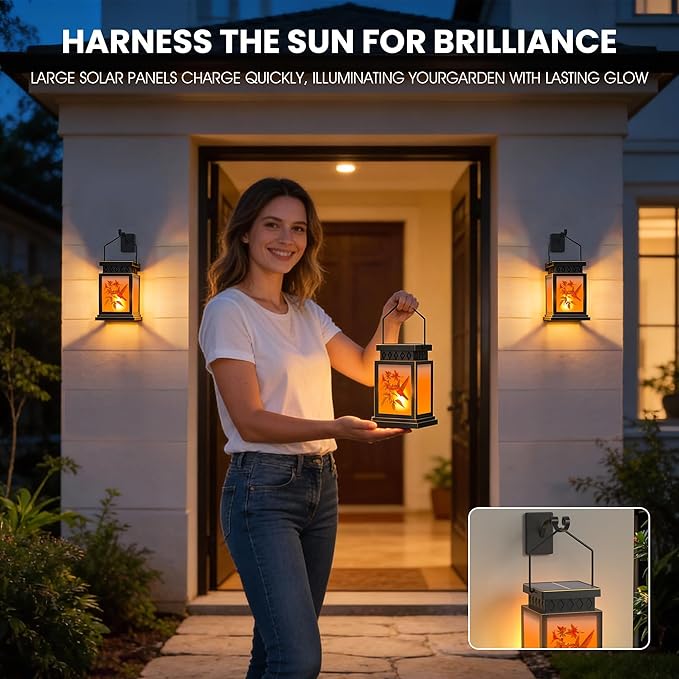 2 Pack Farmhouse Solar Lanterns ,Flame Glass Solar Lanterns ,Outdoor Waterproof Upgraded Solar and 2 AA Batteries Powered, for Mantelpiece,Outside Porch, Patio and Indoor Tables.