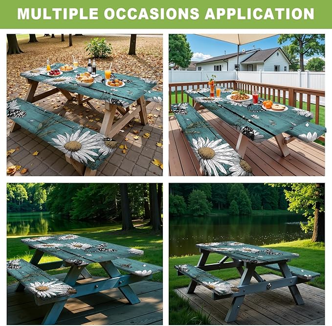ANNA QUEEN 6FT Blue Daisies Picnic Table Cover with Bench Covers Spring Picnic Table Cover Set 3PCS 72"x30", Waterproof Outdoor Bench and Tablecloth Furniture Protection for Camping Beach BBQ Patio
