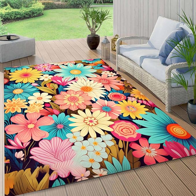 Large Floral Outdoor Rug for Patio Balcony Deck Camping Poolside Garden Machine Washable Waterproof Porch Backyard Outside Carpet 3x5 Blue Yellow Pink Flower Mat Easy Clean
