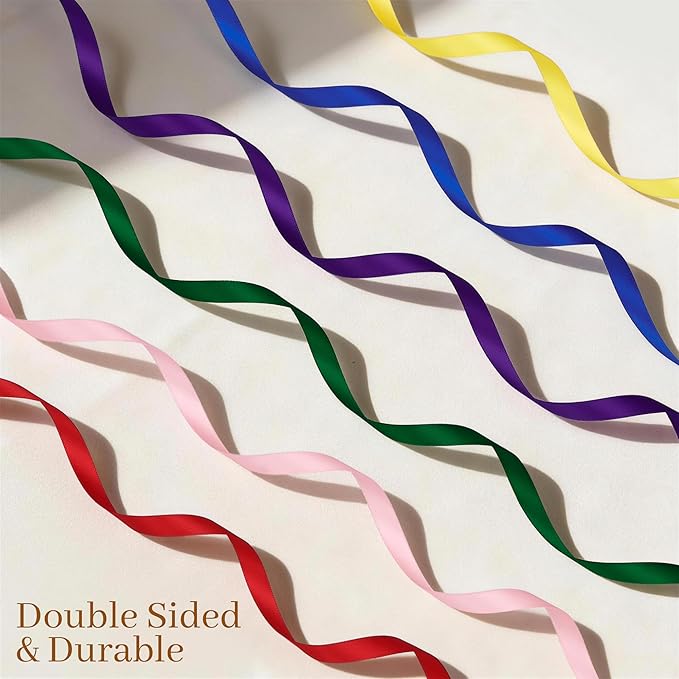 Double-Faced Rainbow Satin Ribbon Set – 12 Colors, 3/8 Inch x 5 Yards Rolls, 60 Yards Total Colorful Ribbons for Gift Wrapping, Hair Bows, Valentines Day, Wedding & Party Decoration, DIY Crafts