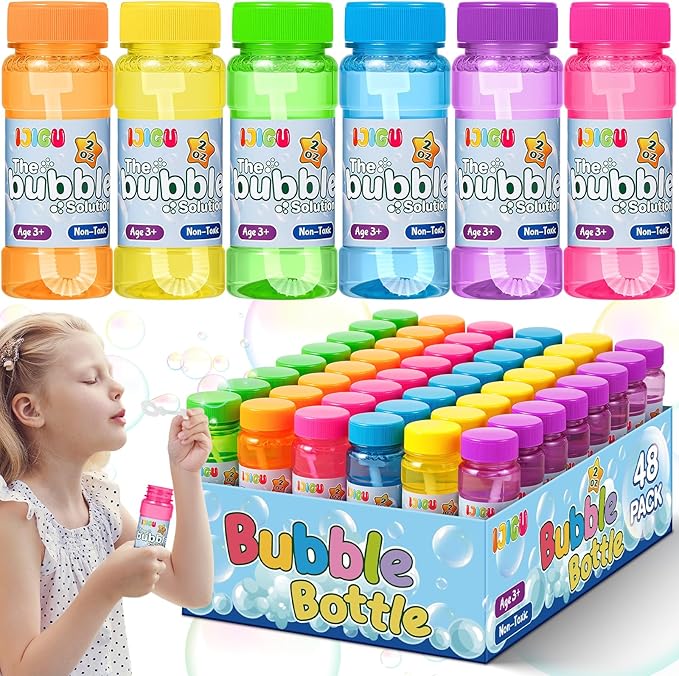 IJIGU Bubble Bottles 48 Pack (2oz), Bubbles for Kids, Bubble Solution with Bulk Wands in 6 Colors as Party Favors for Toddlers 1-3, Summer Outdoor Toy Gift for Boys & Girls