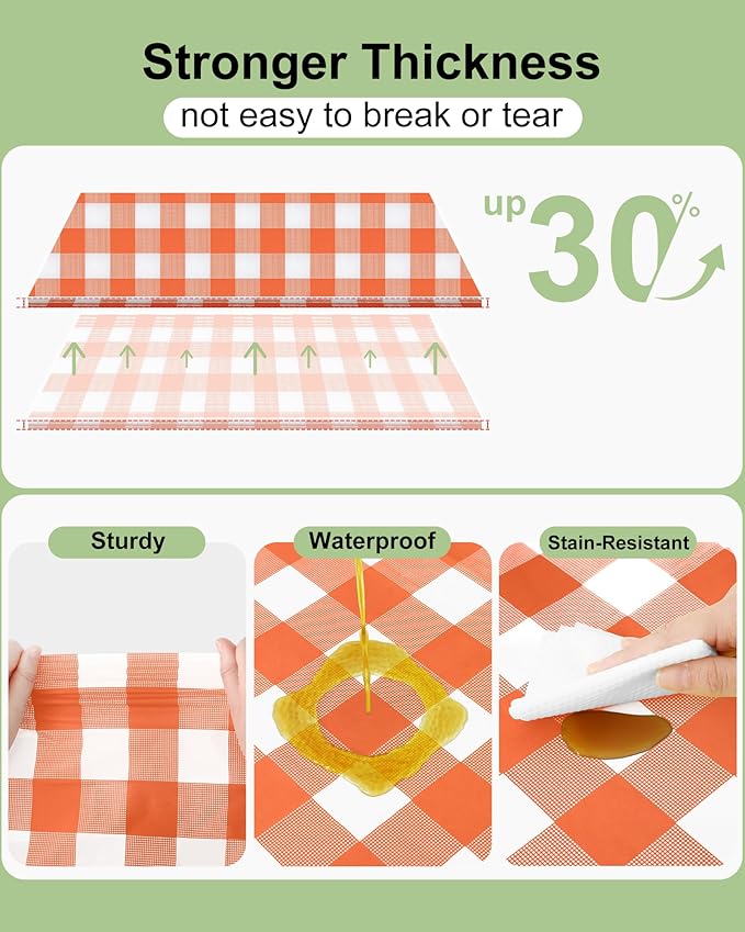 Smiry 12 Packs Gingham Disposable Table Cloth, 54 x 108 Inch Waterproof Plastic Tablecloth, Rectangle Orange and White Checkered Table Covers for Picnic, Birthday, Party