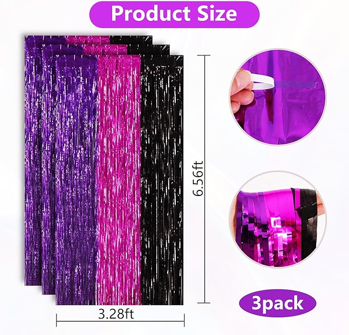 BEISHIDA 3Pcs Purple Pink Black Door Streamers Backdrop Foil Fringe Tinsel Curtains Backdrops for Birthday Witch Theme Halloween Party Decoration (3.28 ft x 6.56 ft)