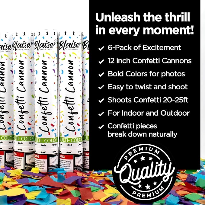 Blaise Pyro & Party Multi-Colored Confetti Poppers - Easy to Use Paper Confetti Poppers for Weddings, Birthdays, Anniversaries & More - Colorful Confetti Cannon for Memorable Photos - 6 Pack, 12 Inch